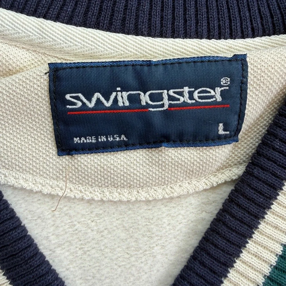 Swingster Vintage Mens‎ V-Neck Sweatshirt Cream Collegiate Striped Large USA
